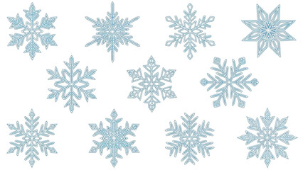 Collection of ten intricate blue and white line art snowflakes