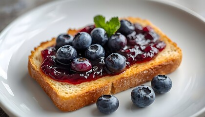 Toast with mixed berry jam and scattered blueberries around