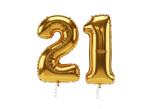 Hyper-detailed, glossy gold foil number balloons '2' and '1' floating on a transparent, high-key studio background with subtle shadow and copy space. Twenty-first birthday atmosphere