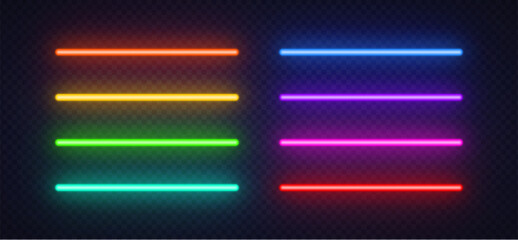Horizontal neon lines in vivid colors are arranged on a transparent background. The glowing bars work well as graphic elements for banners, frames or digital layouts.