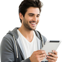 Smiling young man using tablet with joy and satisfaction
