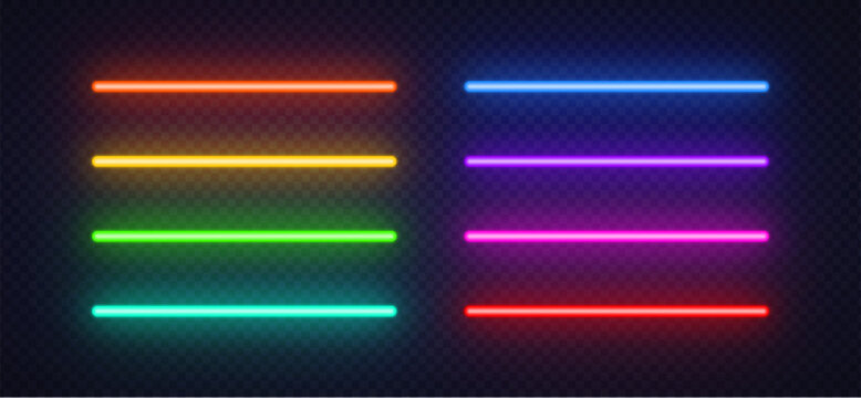 Horizontal neon lines in vivid colors are arranged on a transparent background. The glowing bars work well as graphic elements for banners, frames or digital layouts.