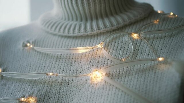 Close-up of white knitted wool sweater with glowing fairy lights woven into fabric, cozy winter fashion concept.