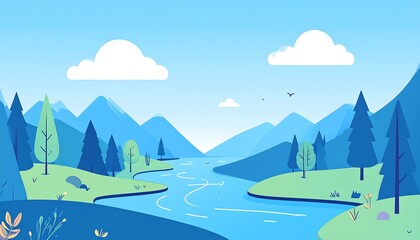 Calm vector landscape illustration with river winding through blue mountains and green hills under a cloudy sky