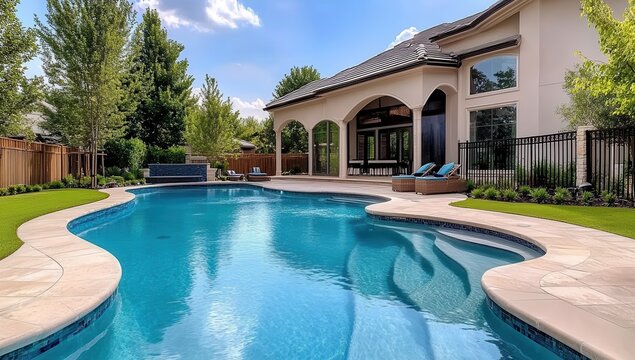 Luxury home with a stunning freeform swimming pool,  patio, and  landscaped backyard, perfect for relaxation