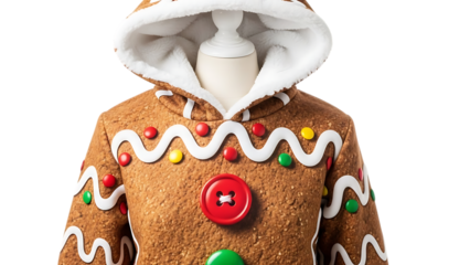 Gingerbread hooded sweatshirt, with white fur trim and colorful candy decorations, cutout, PNG isolated on transparent background