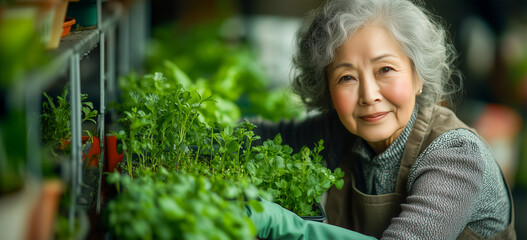 Smiling elderly woman tending to potted herbs in a greenhouse or indoor garden. She is surrounded by lush greenery, wearing gloves and an apron, enjoying her gardening hobby.