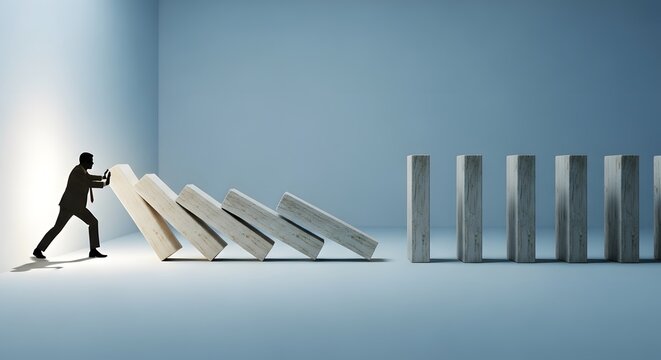 Illustration of silhouette of businessman pushing the first domino in a long line, stopping the chain reaction before it hits the final standing blocks