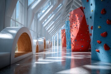 Bright and spacious indoor playground features colorful climbing equipment for children to explore and enjoy throughout their playtime