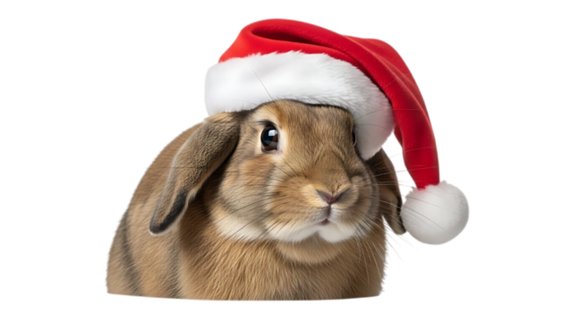 Brown rabbit, wearing a red Santa hat with white trim red hat rabbit wearing hat, cutout, PNG isolated on transparent background - Powered by Adobe