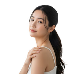 Beautiful young Asian woman with long dark hair and white tank top posing elegantly
