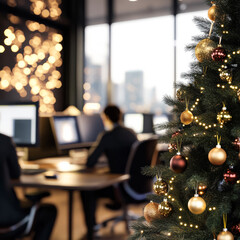 Festive office with Christmas tree and desks
