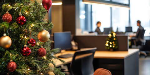 Festive office interior with Christmas tree