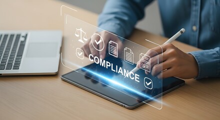 Illustration of business person interacting with a digital tablet displaying compliance icons and glowing text in a modern office setting