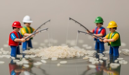 Playful fishermen with colorful hats catching rice in a whimsical scene