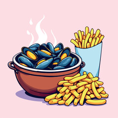 Vsai steaming mussels and crunchy fries presenting moules frites