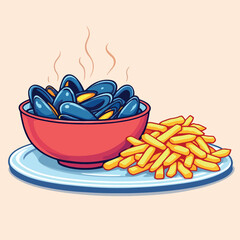 Vsai steaming mussels and french fries on plate