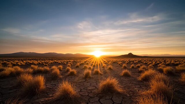 Dramatic desert landscape at sunset with cracked earth