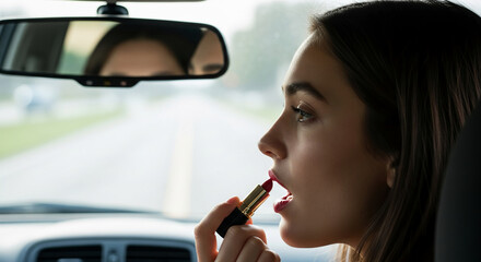 Profile view of a young woman applying red lipstick in a car. The rearview mirror reflects her face, representing beauty on the go and modern lifestyle