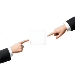 Two businessmen pointing at blank white card on black background