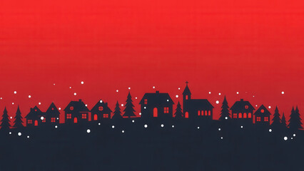 Magical winter village at dusk with snow falling gently