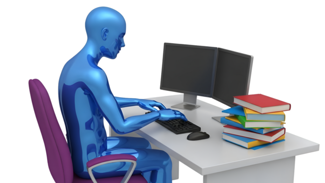 Blue human figure with skeleton visible typing on computer anatomy - Powered by Adobe