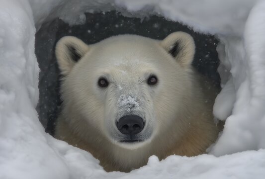 Polar bear emerging from snow den in arctic habitat