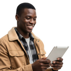 Smiling young man enjoying digital content on tablet