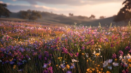 Beautiful Wildflower Meadow Field at Sunset with Mountains in Distance - Spring Flower Landscape Photography