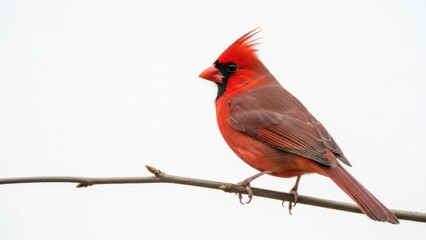Scarlet Song Sentinel: a vivid cardinal perches on a fine twig, flaming crest and rich red feathers glowing against the pale sky as it stands ready to pour bright notes across the quiet air

