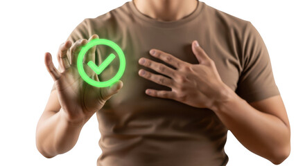 Person holding a glowing green checkmark symbol isolated on transparent background