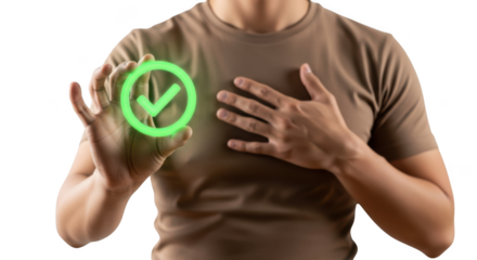 Person holding a glowing green checkmark symbol isolated on transparent background