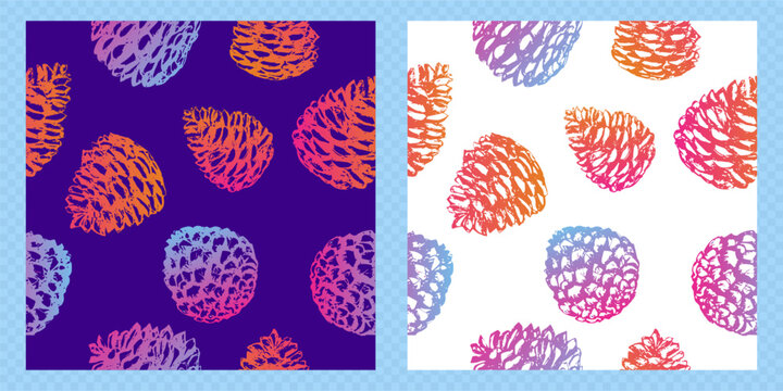 Seamless vector pattern with hand drawn pine cones in bright gradient colors. Festive natural design suitable for winter, Christmas, packaging, textiles, wrapping paper and backgrounds.