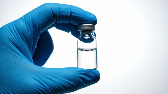 A gloved hand carefully holds a vial filled with a clear liquid. The clip showcases the importance of vaccines in maintaining public health and safety.