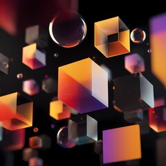 Floating neon cubes and glass spheres, abstract 3D geometric background

