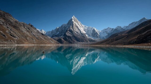 Ultra HD Stunning reflection of snowcapped himalayan mountain peak in a vibrant turquoise glacial lake under a clear blue sky in nepal video