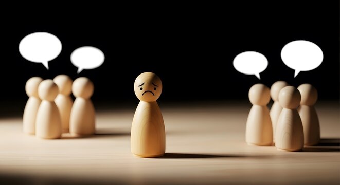 Illustration of sad wooden figure isolated between two groups of people with speech bubbles, symbolizing loneliness, exclusion, or social anxiety in a crowd
