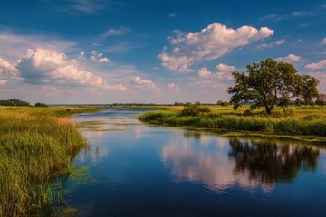 Biebrza River winding through the vast green landscape of Podlasie, showcasing a beautiful summer day with vibrant reflections in the water