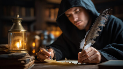 Faceless ancient chronicler figure writing on aged parchment with feather quill by lantern light, creating historical records and biblical scripture, defocused manuscripts, with co