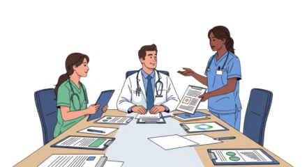Medical professionals in a meeting discussion isolated on transparent background