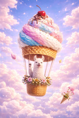 Słodka alpaka lecąca balonem z waty cukrowej na pastelowym niebie