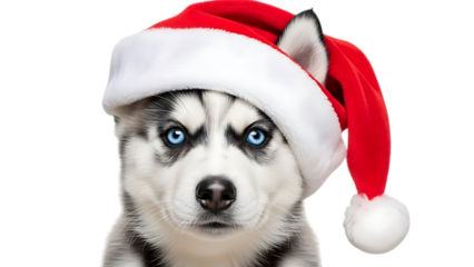 Husky puppy, wearing a Santa hat with red and white hat, cutout, PNG isolated on transparent background