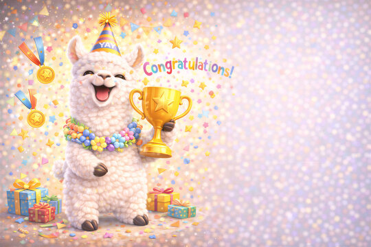 Radosna alpaka z pucharem i prezentami na pastelowym tle gratulacyjnym