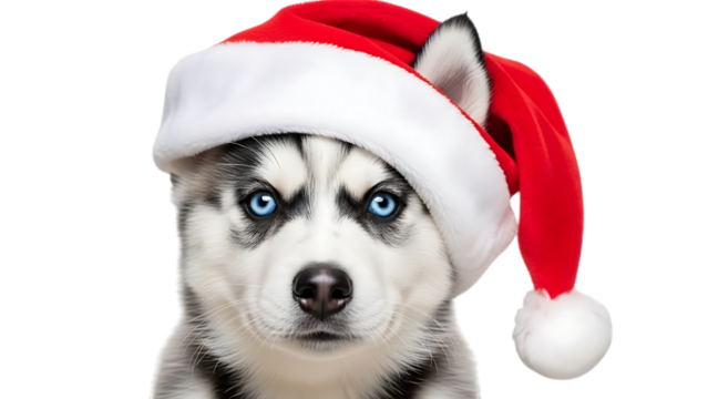Husky puppy, wearing a Santa hat with red and white hat, cutout, PNG isolated on transparent background - Powered by Adobe