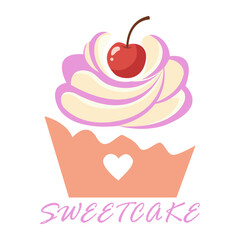 Sweet cake slice. cheery cake. Love and Valentine's Day concept .Sweet muffin. muffin with heart. Love and Valentine's Day printable sweet cake lover Doodle valentine cupcake hand drawn

