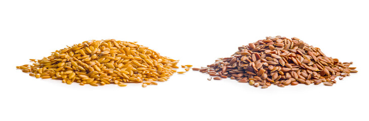 Golden and brown linseed or flaxseed. Healthy flax seed isolated on white background.
