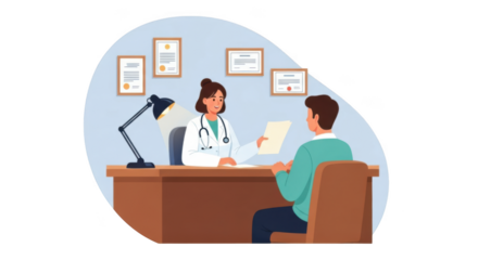Doctor consulting with patient at desk isolated on transparent background