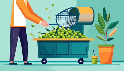 A person sorts green olives from a cart, with plant life enriching the scene in stylized, modern illustration