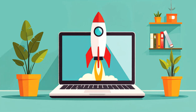 A cartoon laptop displays a rocket launching, flanked by potted plants, with a shelf of books on a teal wall - Powered by Adobe