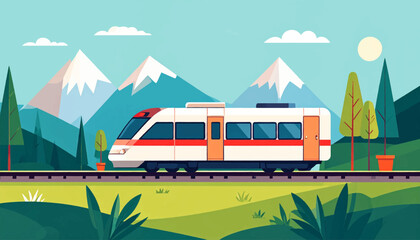 A red and white passenger train travels through a scenic landscape with mountains, trees and a bright sky